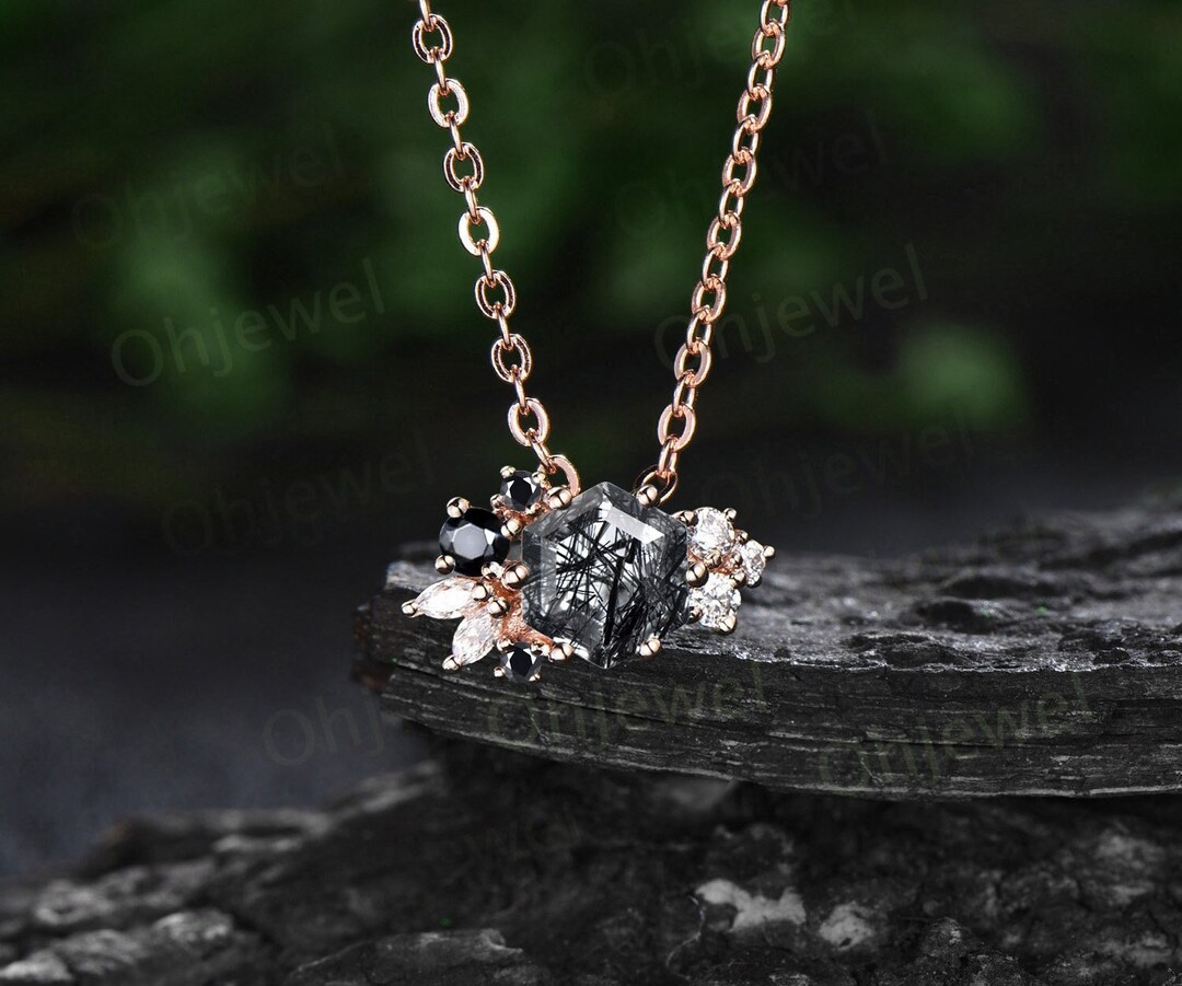 Vintage Hexagon Black Rutilated Quartz Necklace 14k Rose Gold