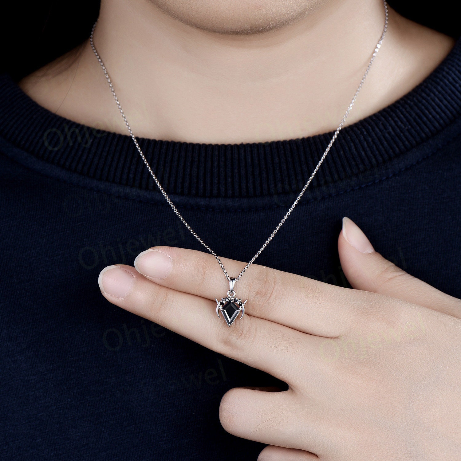 Vintage Kite Cut Black Onyx Necklace 14k White Gold