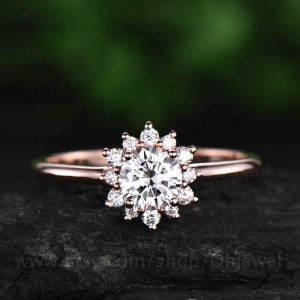 Rose gold ring Sunflower cluster halo unique vintage engagement ring 0.5ct round moissanite engagement ring anniversary birthday gift