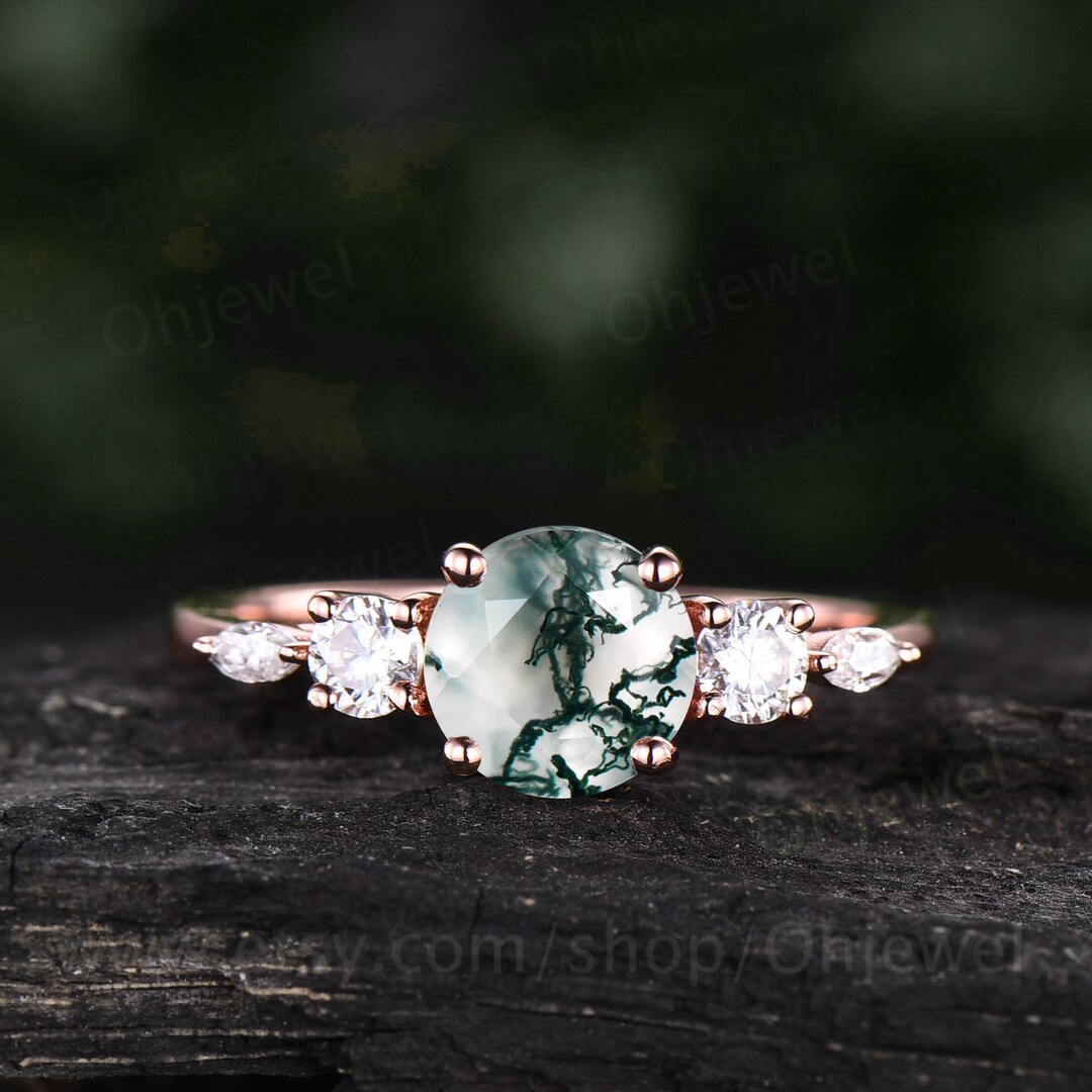 Round Moss Agate Ring Silver for Women Dainty Vintage Moss - Etsy
