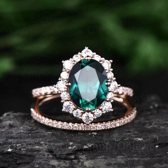 1.6ct Oval Cut Emerald Ring Set Vintage Unique Engagement Ring - Etsy