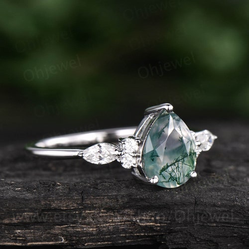 Pear moss agate ring shops vintage moss agate engagement ring 7 stone moissanite ring rose gold for women art deco dainty jewelry bridal ring gift