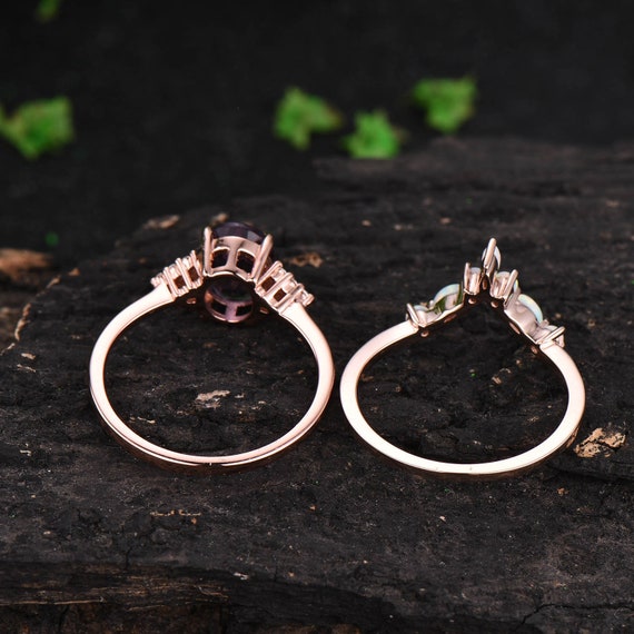 2pcs Alexandrite Engagement Ring Set Vintage Opal Ring for Women
