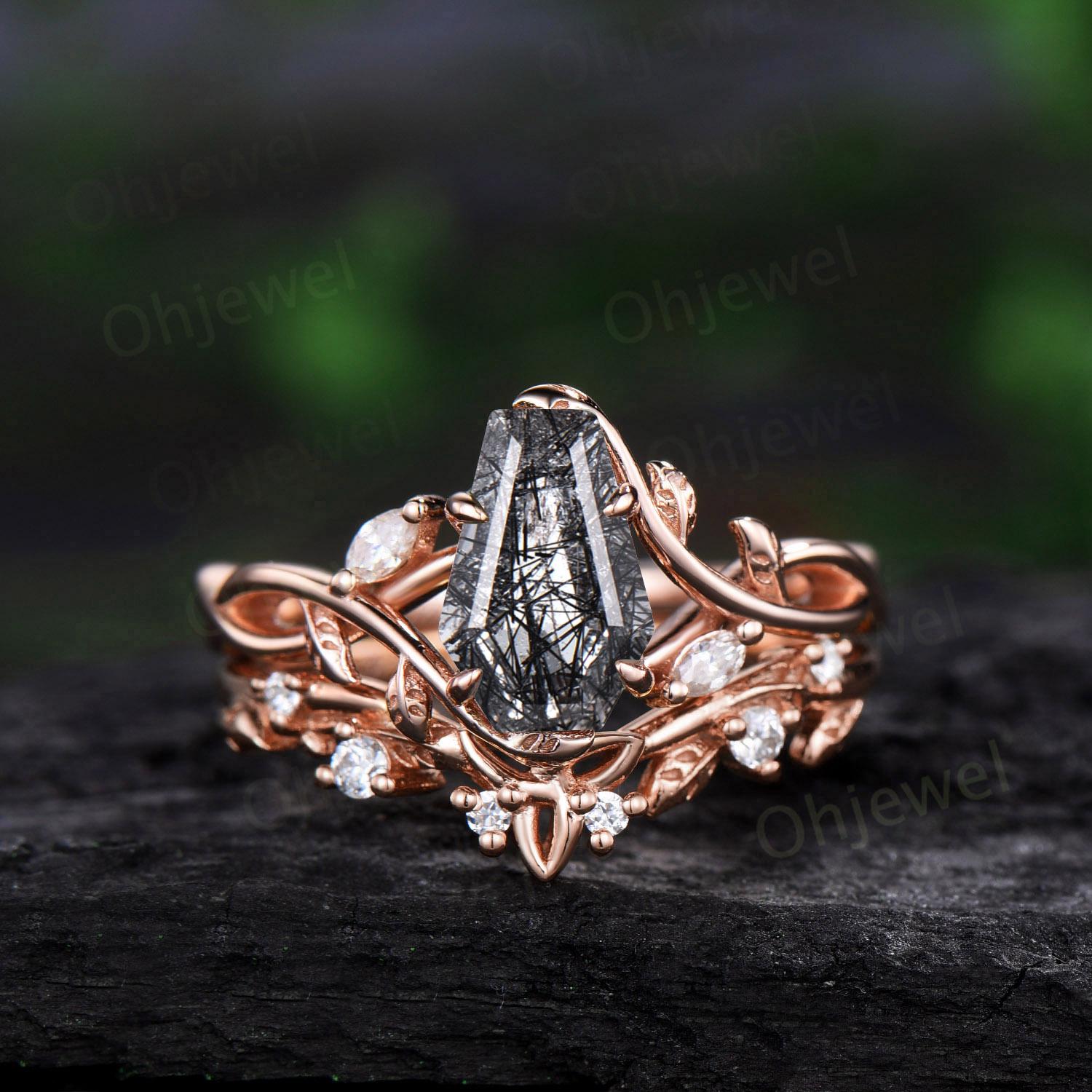 Coffin Cut Black Rutilated Quartz Engagement Ring Set Leaf Norse