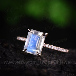 Emerald cut natural moonstone engagement ring vintage diamond ring rose gold half eternity wedding ring June birthstone ring jewelry gift