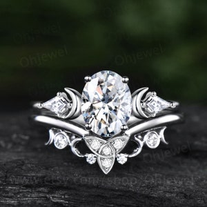 Moissanite ring vintage oval kite three stone moon unique engagement ring set 14k white gold Celtic knot wedding ring band bridal set women