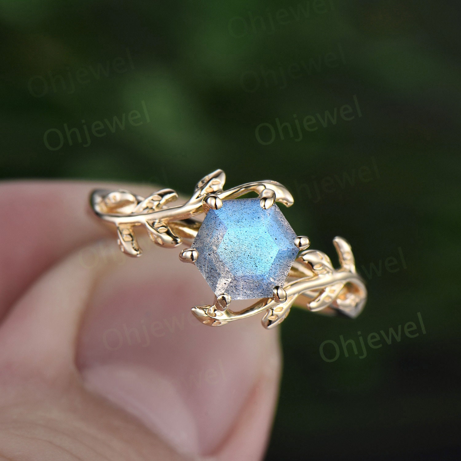 Vintage Hexagon Labradorite Engagement Ring Leaf Flower Ring