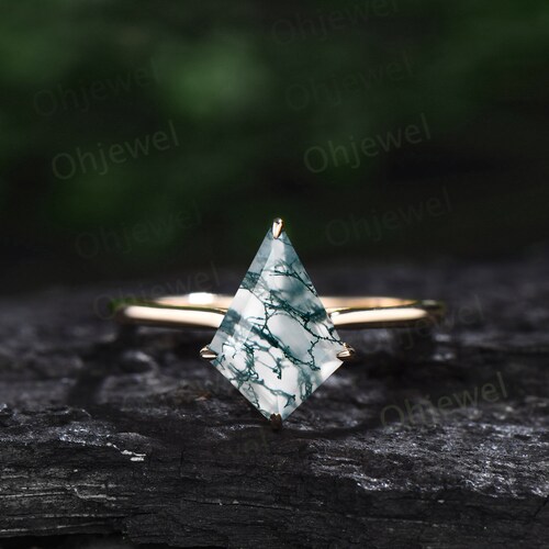 7x10mm kite cut green moss agate ring 14k yellow gold unique Solitaire engagement ring set for women Minimalist moissanite shops wedding ring band