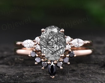 Oval cut black rutilated quartz engagement ring set rose gold ring set black diamond ring set marquise 7 stone ring wedding bridal set gift