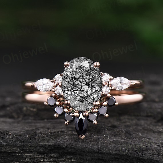 Vintage Black Rutilated Quartz Engagement Ring Set Rose Gold Ring Set Oval shaped Bridal Ring Art Moissanite Ring Women Promise Gift For Her