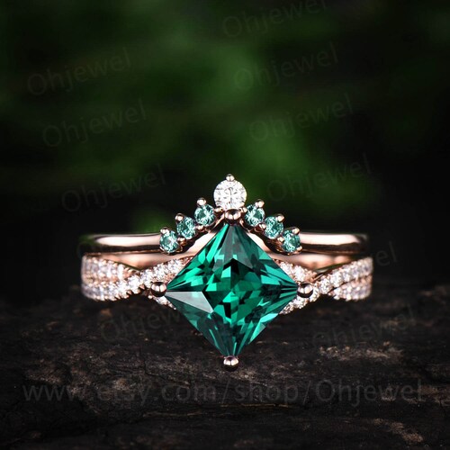 Princess Cut Emerald Engagement Ring White Rose Gold Emerald - Etsy