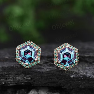 Vintage hexagon cut Alexandrite earrings solid 14k 18k rose gold unique 6 prong halo emerald stud earrings women wedding anniversary gift