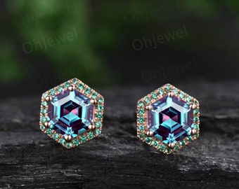 Vintage hexagon cut Alexandrite earrings solid 14k 18k rose gold unique 6 prong halo emerald stud earrings women wedding anniversary gift