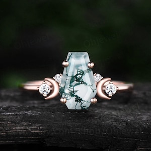 Coffin green moss agate ring vintage moon five stone diamond ring rose gold cluster unique engagement ring dainty anniversary women gift