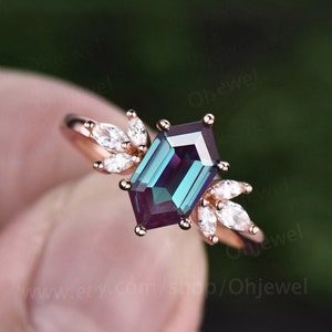 Alexandrite anniversary promise ring long hexagon cut Alexandrite engagement ring 14k rose gold silver art deco diamond ring for women gift