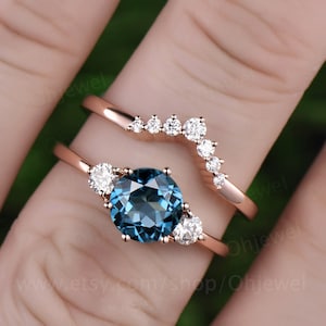 Three stone London blue topaz engagement ring set rose gold topaz ring vintage December birthstone moissanite wedding bridal ring set women