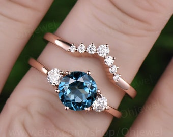 Three stone London blue topaz engagement ring set rose gold topaz ring vintage December birthstone moissanite wedding bridal ring set women