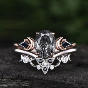 Vintage oval black rutilated quartz engagement ring 14k rose gold kite black spinel ring moon moissanite wedding bridal ring set women gift