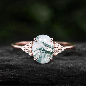 Oval moss agate ring unique vintage moss agate engagement ring dainty diamond ring rose gold ring for women promise wedding anniversary ring