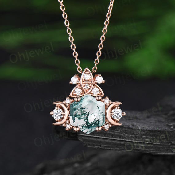 Vintage Hexagon Cut Moss Agate Necklace Celtic Knot Moon Cluster