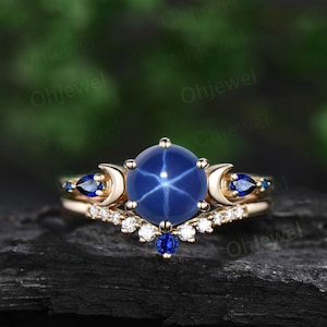 Round cut blue star sapphire ring vintage yellow gold five stone moon unique engagement ring gemstone bridal wedding ring set women gift