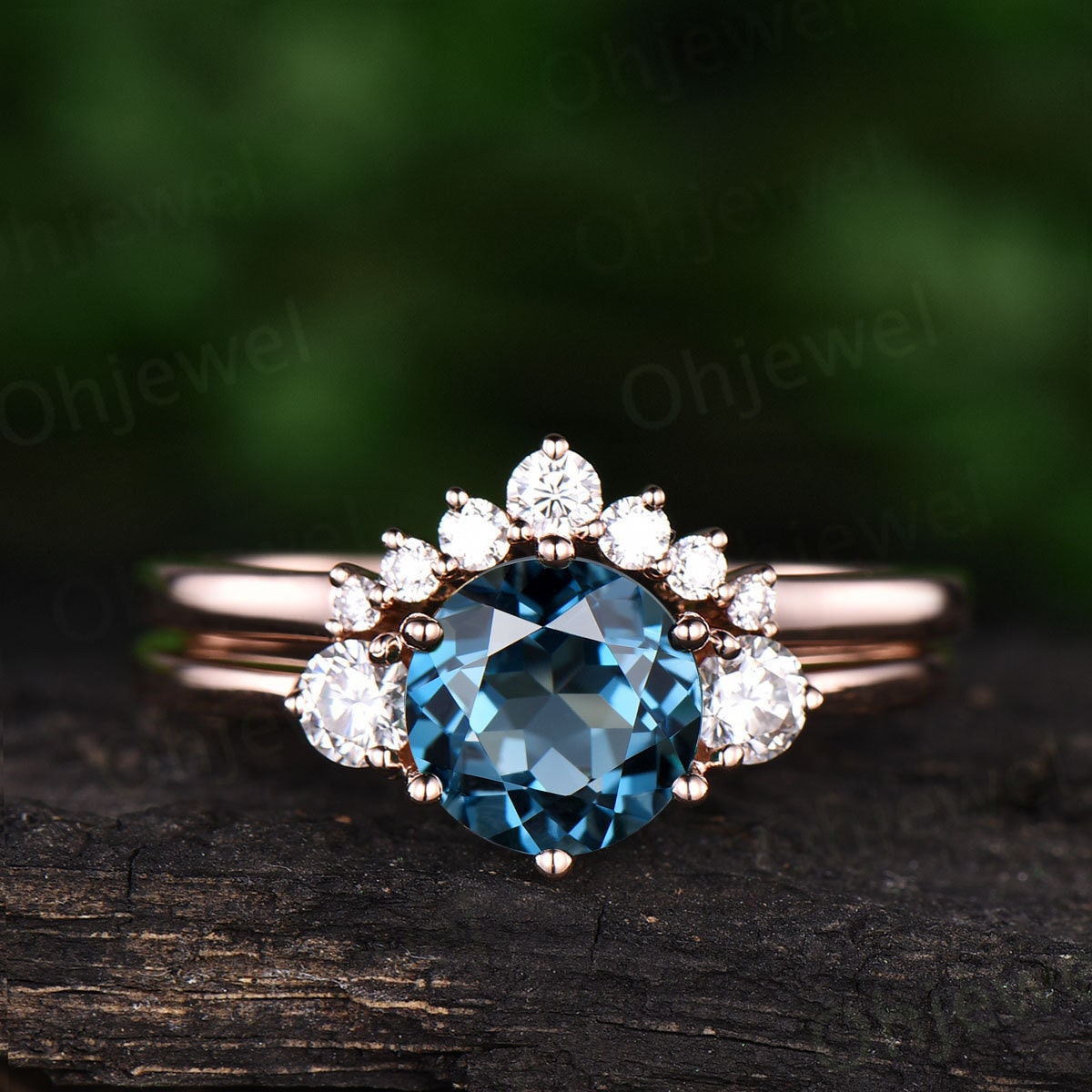 Three Stone London Blue Topaz Engagement Ring Set Rose Gold | Etsy