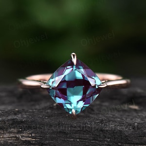 Cushion cut alexandrite engagement ring vintage Solitaire rose gold color change stone ring for women custom jewelry wedding bridal gift