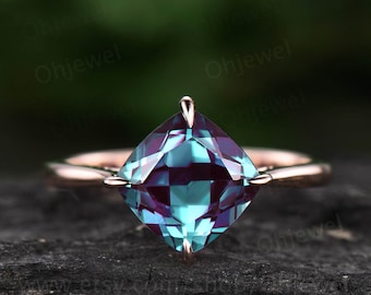 Cushion cut alexandrite engagement ring vintage Solitaire rose gold color change stone ring for women custom jewelry wedding bridal gift
