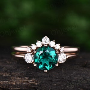 Three Stone Emerald Engagement Ring Set Rose Gold 14K/18K Emerald Ring ...