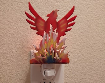 Phoenix Night Light made out of Airbrushed Steel with Flickering Flame Bulb