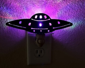 Flying Saucer UFO Night Light made out of Rustic Steel with 7 year color-changing LED