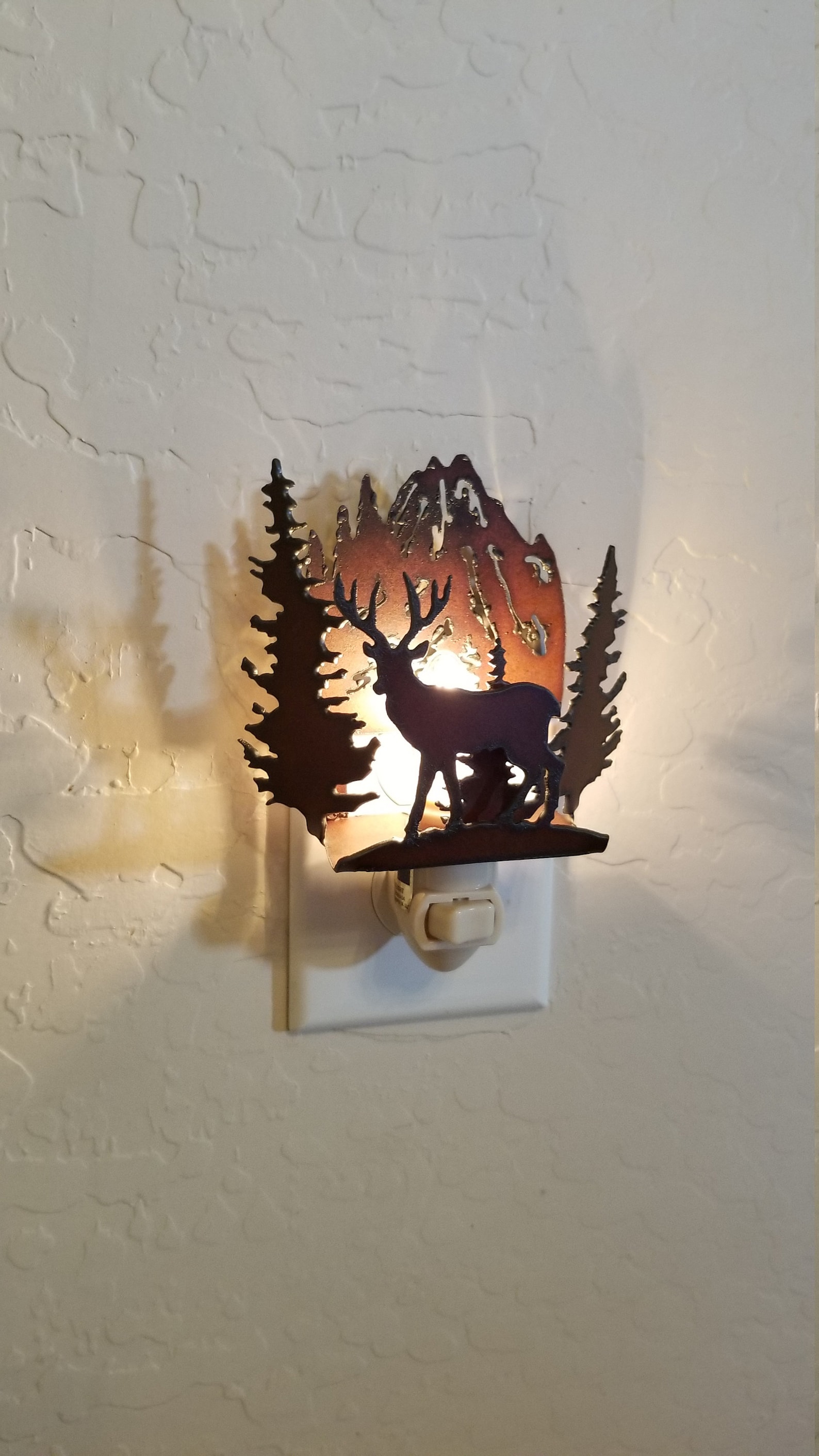 Deer Night Light With Forest and Mountain Scene Made Out of Rusted