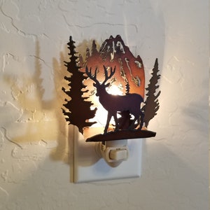 Deer Night Light with forest and mountain scene made out of rusted steel 3 week sale