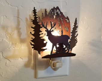 Deer Night Light with forest and mountain scene made out of rusted steel 3 week sale