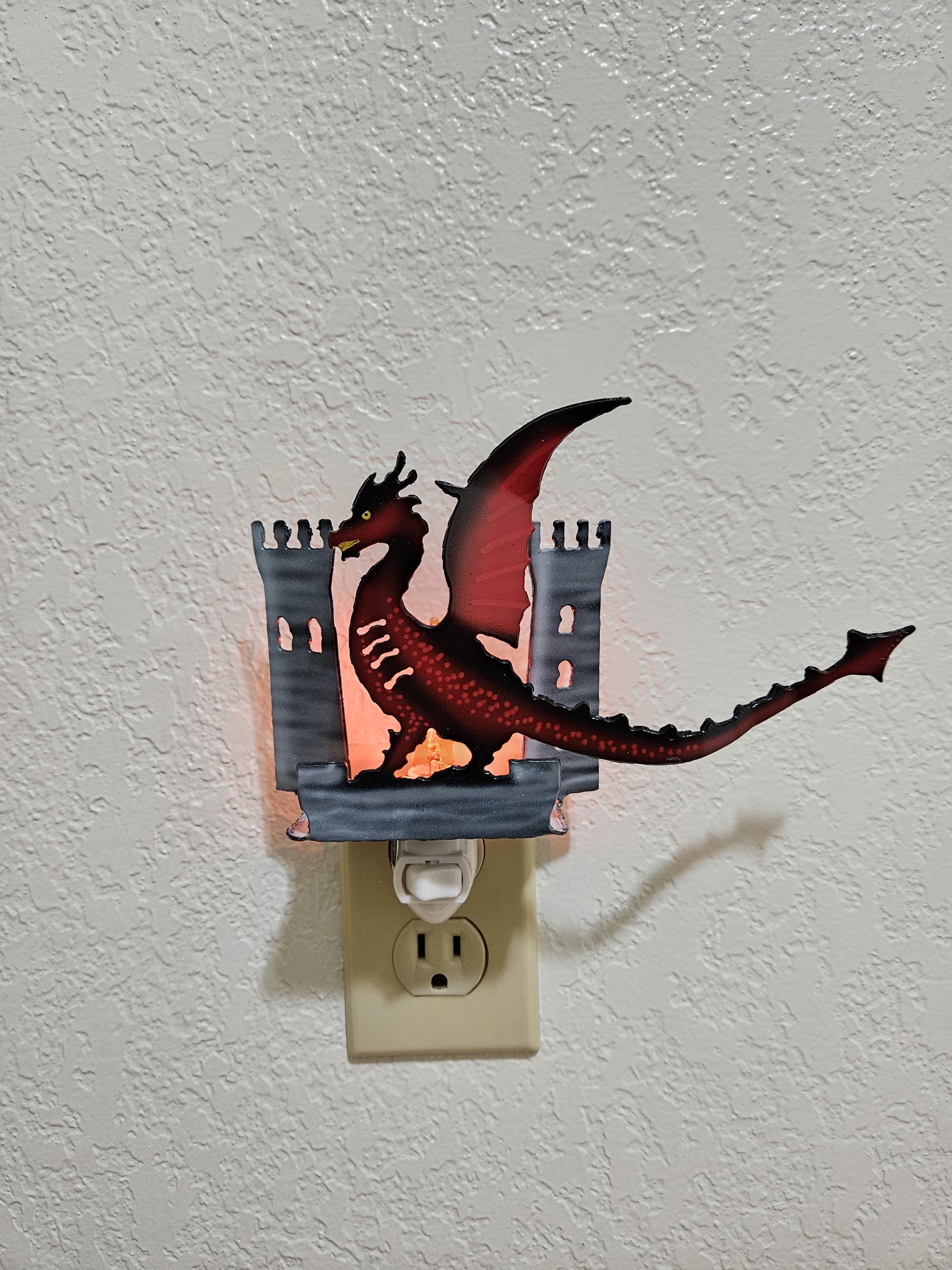 Red and Black Dragon with Castle Towers and Flickering Flame Bulb- made from durable, hand-painted steel