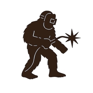May include: A brown silhouette of a Bigfoot figure wearing a welding mask and holding a welding torch with a star-shaped spark. The image is on a white background.