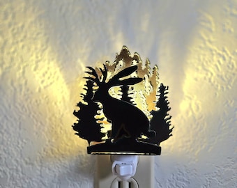 Jackalope in the Forest Night Light made out of Rustic Steel