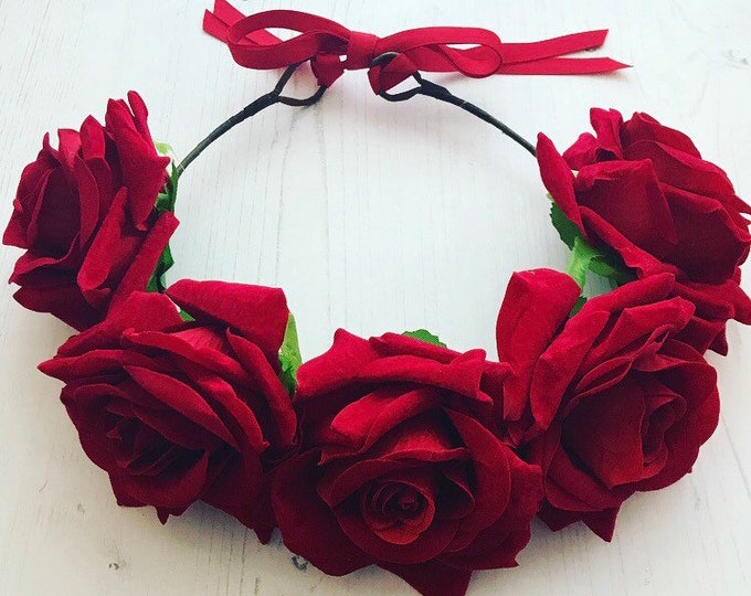Red Rose Flower Crown, Flower Headband, Flower Wreath, Rose Headband