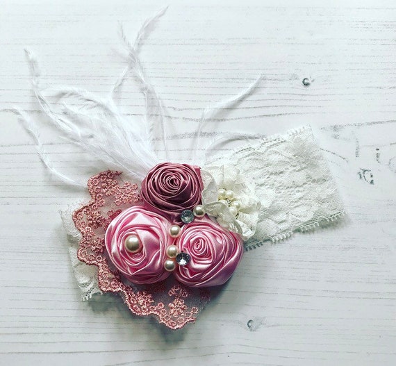 BABY GIRLS BOW FLOWER PINK CREAM WHITE HEADBAND HAIRBAND LACE DIAMANTE SET OF 3