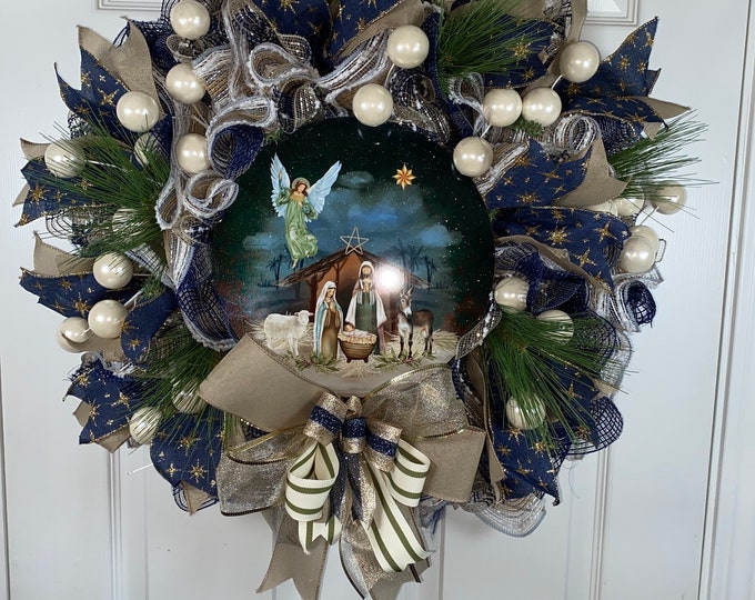 Nativity Scene Wreath Jesus Birthday Wreath Blue and Gold Etsy