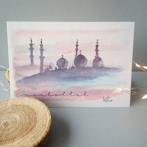 Carte de vœux "mosquée dans la brume" imprimée à partir de mon aquarelle