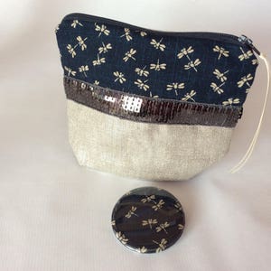 Make-up kit and mirror Japanese fabric dragonflies marine