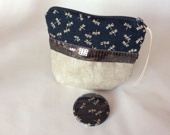 Make-up kit and mirror Japanese fabric dragonflies marine