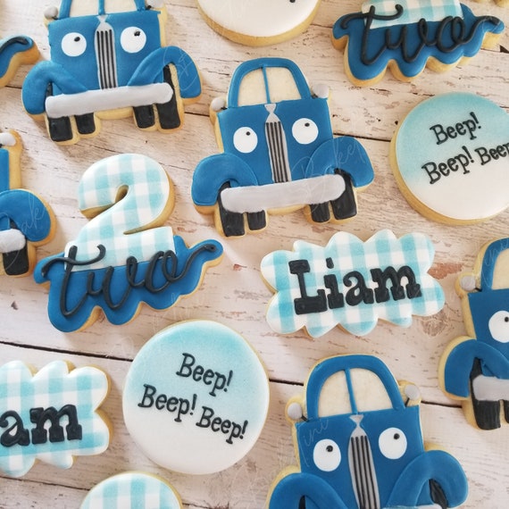 Little Farm Truck Cookies 1 Dozen | Beep Beep Pickup Truck Country Road Farmer | Blue and White Plaid Baby Boy