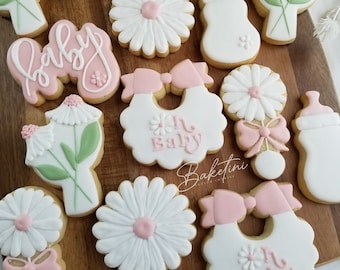 Daisy Baby Shower Cookies 1 Dozen | Simple Shabby Chic Wild Daisy | Little Wild Flower | Floral Pink & White Daisies | Rattle Bottle Bib