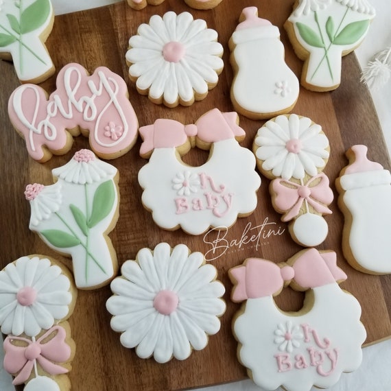 Daisy Baby Shower Cookies 1 Dozen | Simple Shabby Chic Wild Daisy | Little Wild Flower | Floral Pink & White Daisies | Rattle Bottle Bib