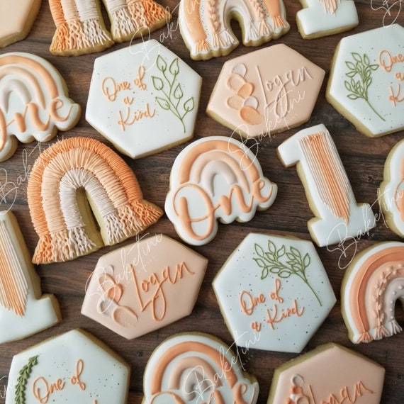 Boho Rainbow Cookies 2 Dozen | One of a Kind Bohemian First Birthday | Modern Greenery | Soft Neutrals Peach Gold Green