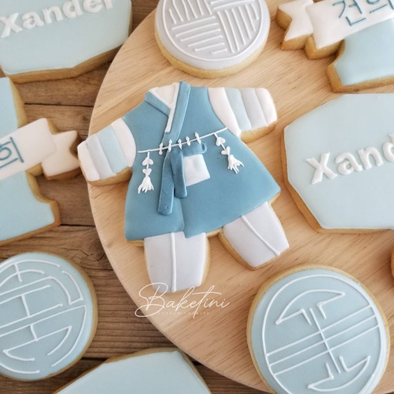 Dohl Korean First Birthday Cookies 2 Dozen | Hanbok Dol Traditional Korean 100 Days Baby Party | Modern Muted Tones Soft Neutrals Blue Gold