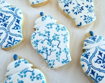 Chinoiserie Cookies 1 Dozen | Floral Pattern Ginger Jars Vases | French Blue and White China Garden | Elegant Chic Bridal Shower Wedding