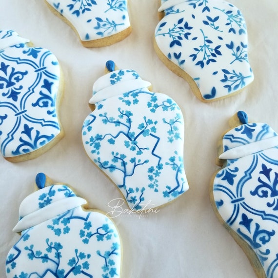 Chinoiserie Cookies 1 Dozen | Floral Pattern Ginger Jars Vases | French Blue and White China Garden | Elegant Chic Bridal Shower Wedding